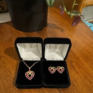 Vintage Ruby Heart Pendant and Earrings